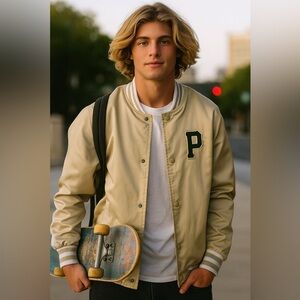 NWT Men’s Primitive Skateboarding Beige Satin Bomber Jacket Size Large L